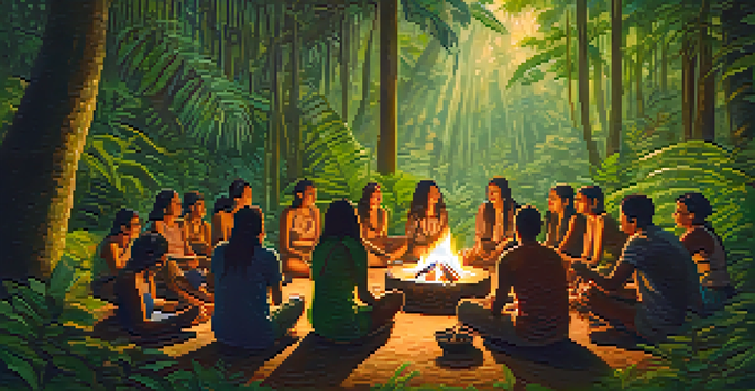 A tranquil scene of an ayahuasca ceremony in a jungle, with participants gathered around a campfire, surrounded by greenery and soft sunlight.
