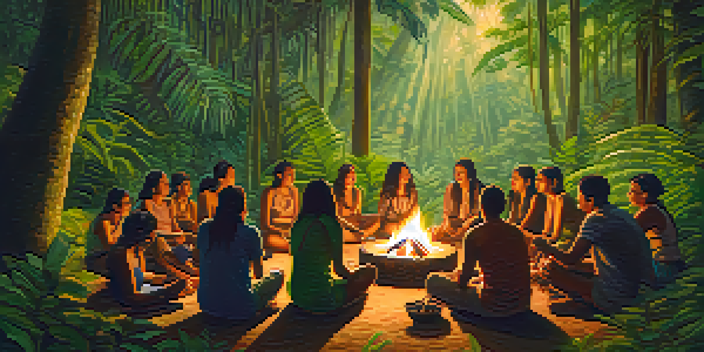 A tranquil scene of an ayahuasca ceremony in a jungle, with participants gathered around a campfire, surrounded by greenery and soft sunlight.