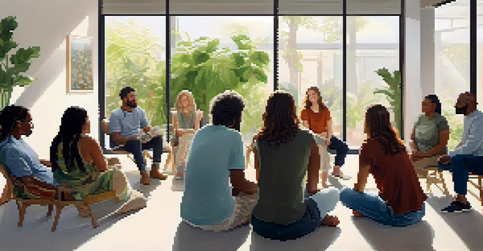 A support group meeting in a bright room filled with natural light, with individuals sharing their experiences.