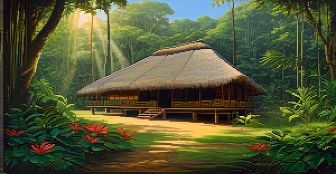 A tranquil ayahuasca retreat in the Amazon rainforest with a ceremonial hut and vibrant nature.