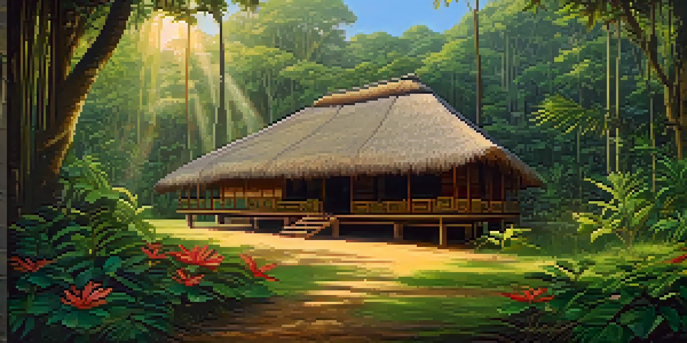 A tranquil ayahuasca retreat in the Amazon rainforest with a ceremonial hut and vibrant nature.