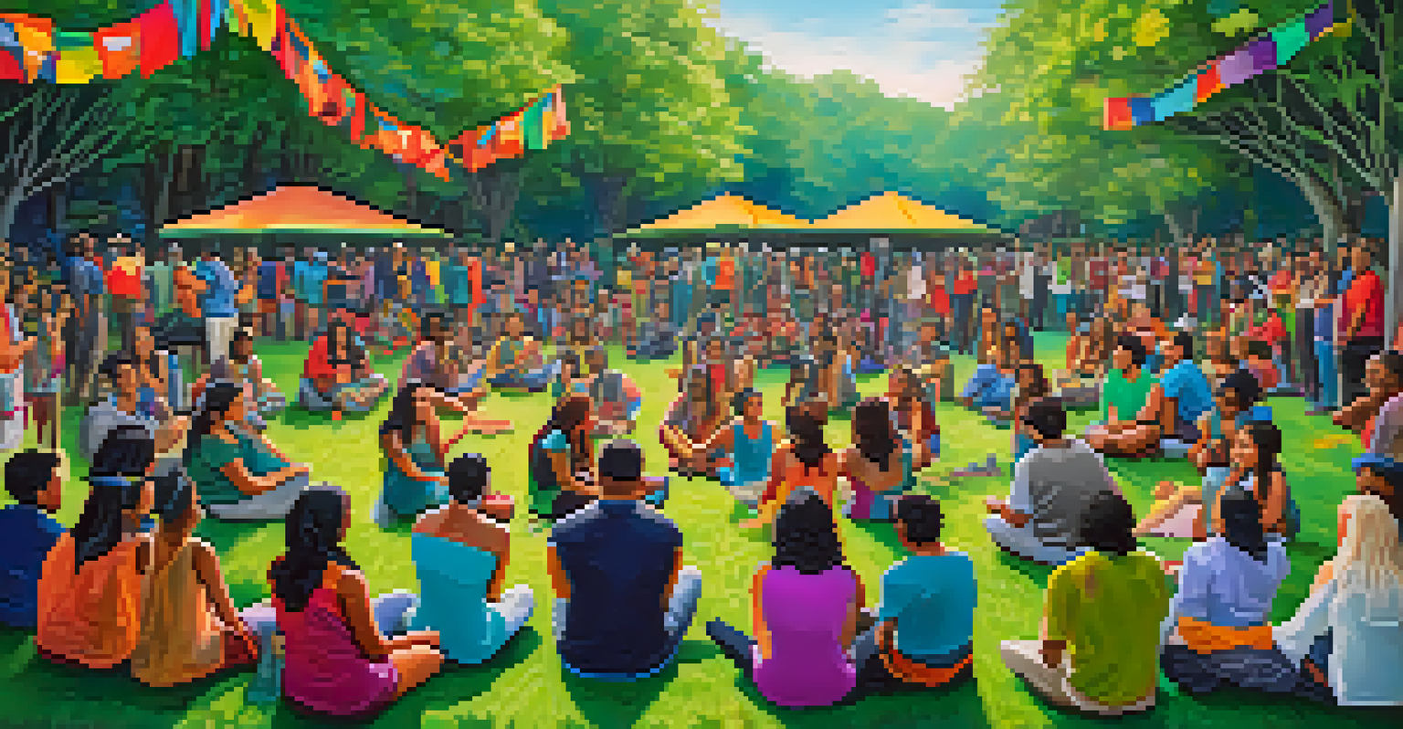 A community gathering in an urban park where people are sharing stories after an ayahuasca ceremony, surrounded by greenery and colorful banners.