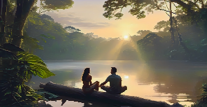 A couple in the Amazon rainforest holding hands, surrounded by mist and sunlight filtering through the trees.