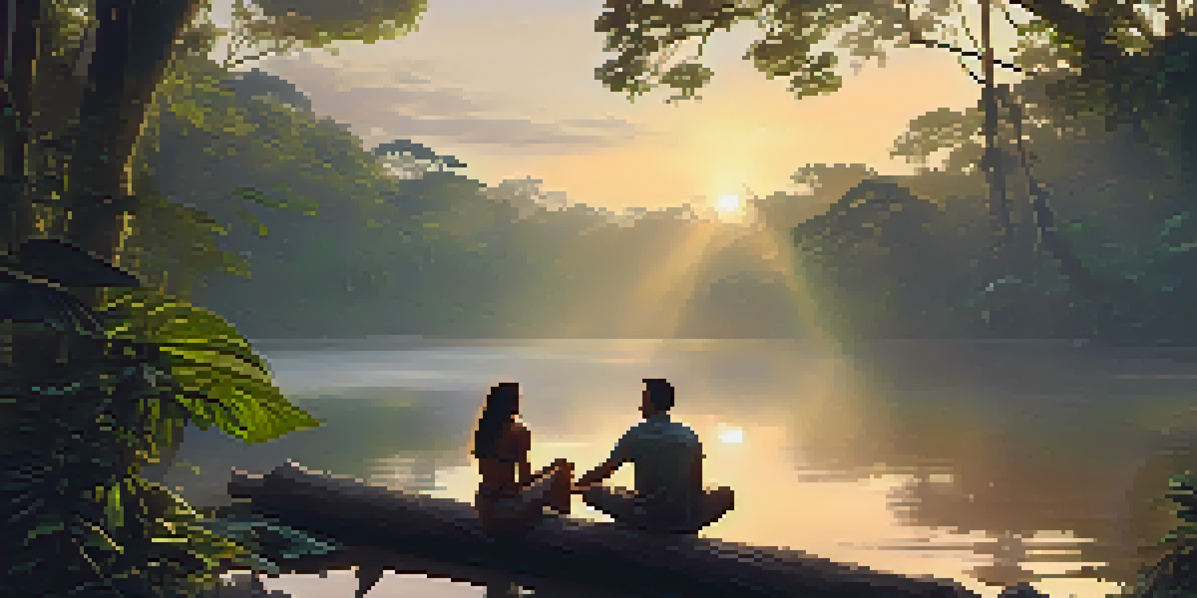 A couple in the Amazon rainforest holding hands, surrounded by mist and sunlight filtering through the trees.