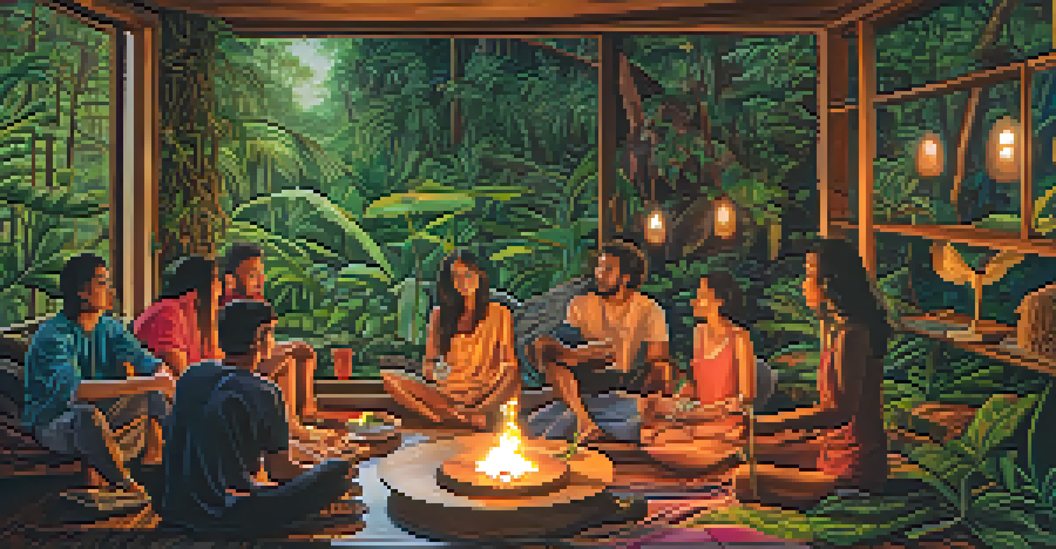 A split image showing an Ayahuasca ceremony in a rainforest on the left and a cozy indoor gathering for psilocybin sharing on the right, representing healing and connection.