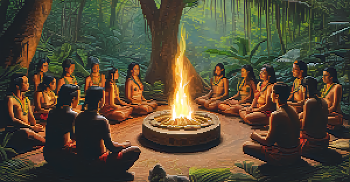 A tranquil scene of an Ayahuasca ceremony in the Amazon rainforest, with participants gathered around a fire and a shaman performing rituals amidst lush greenery.