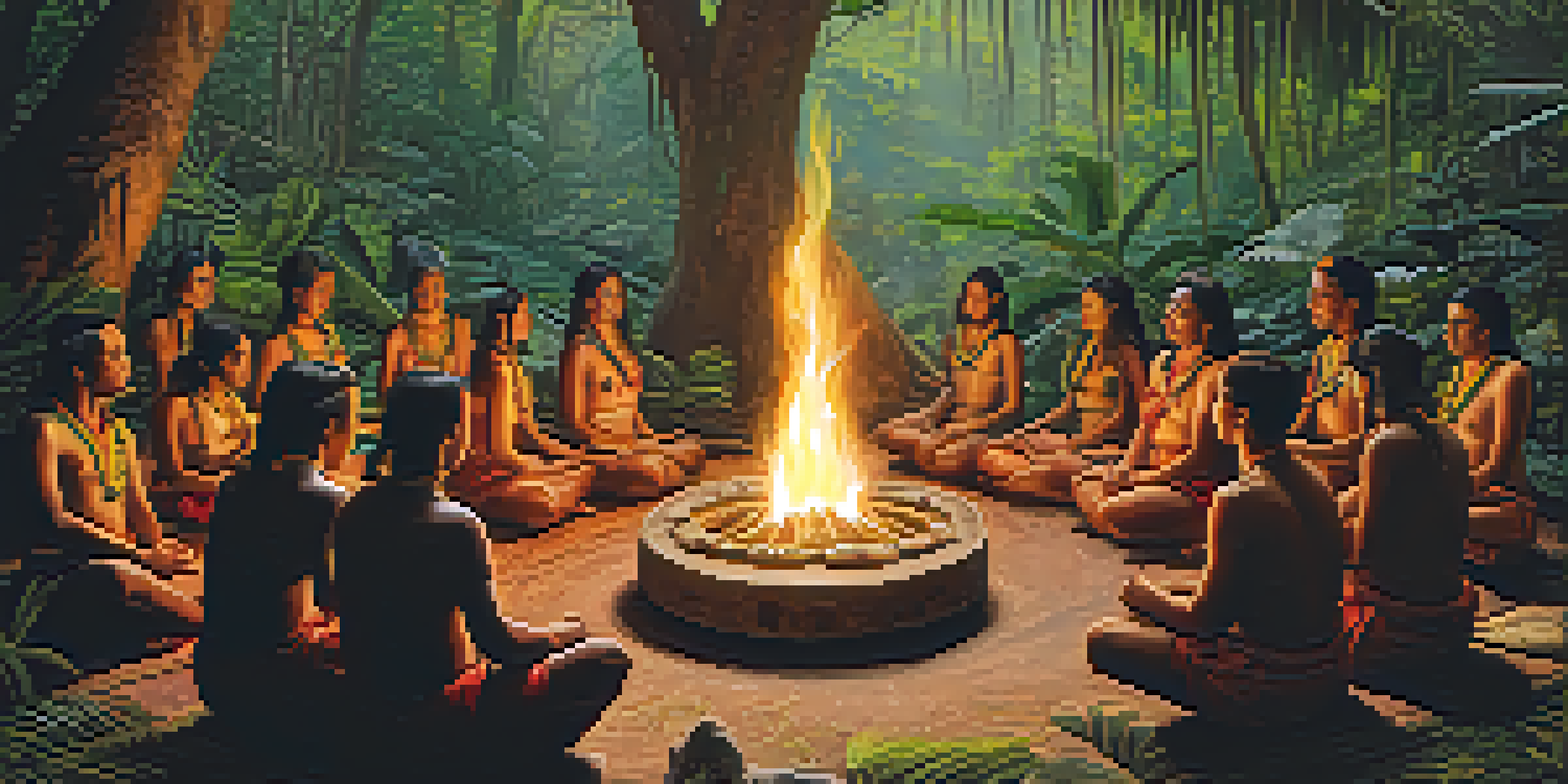 A tranquil scene of an Ayahuasca ceremony in the Amazon rainforest, with participants gathered around a fire and a shaman performing rituals amidst lush greenery.