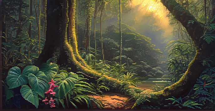 A tranquil Amazon rainforest at dusk with a vine wrapped around a tree, surrounded by green foliage and flowers, illuminated by soft golden light.
