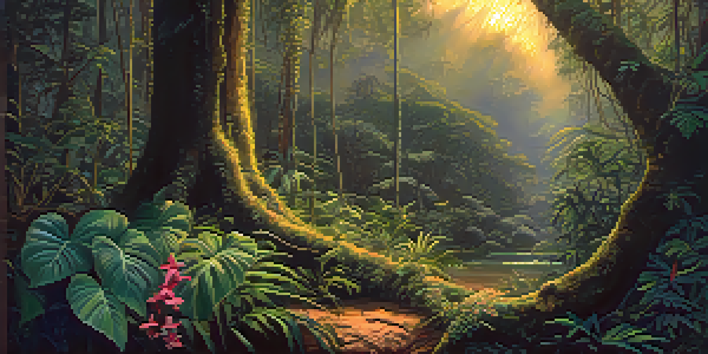 A tranquil Amazon rainforest at dusk with a vine wrapped around a tree, surrounded by green foliage and flowers, illuminated by soft golden light.