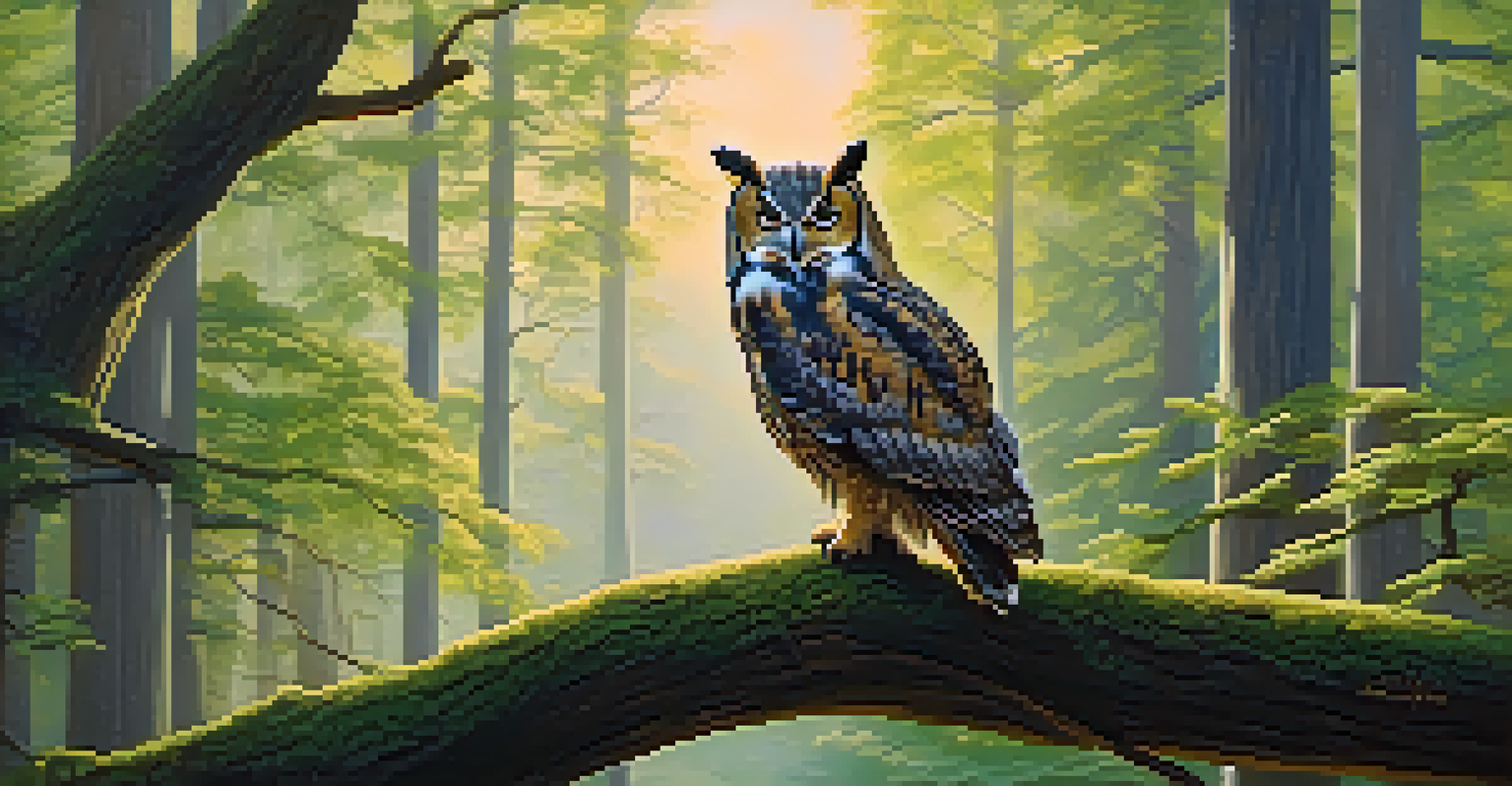 A peaceful forest with sunlight filtering through trees and a wise owl on a branch, symbolizing guidance.