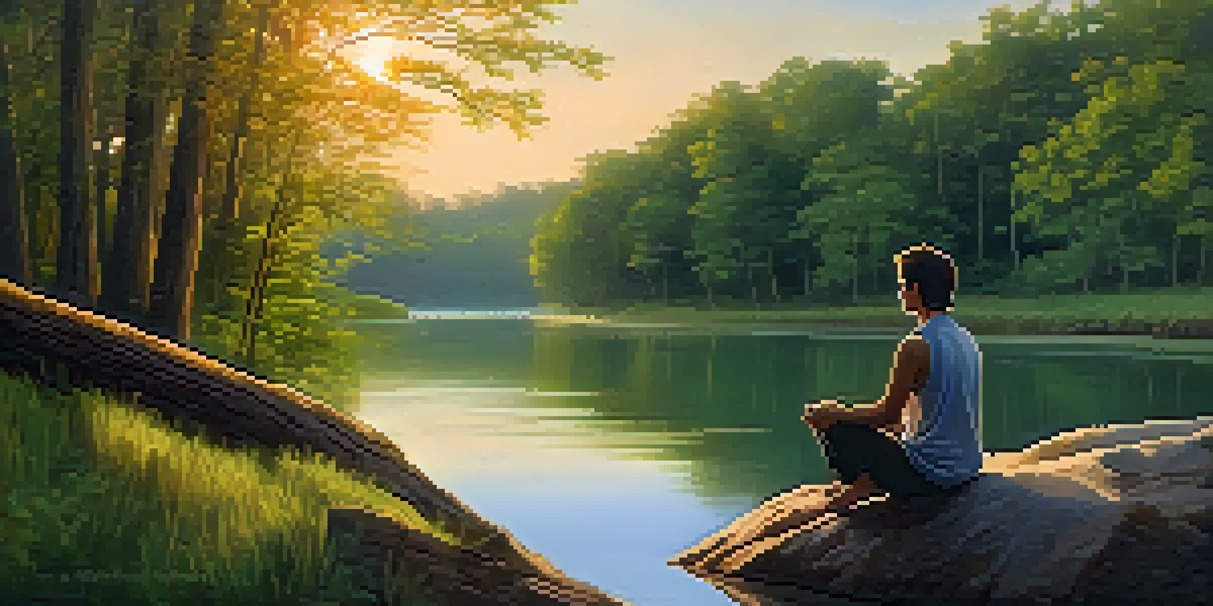 A peaceful forest scene at dusk with a river and a person meditating on a rock.