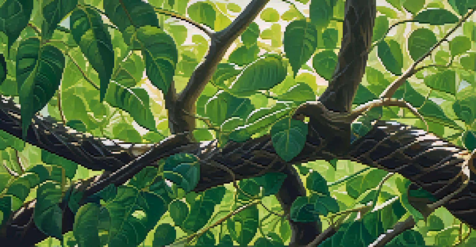 A close-up of the Banisteriopsis caapi vine, highlighting its twisted bark and green leaves in the Amazon jungle.