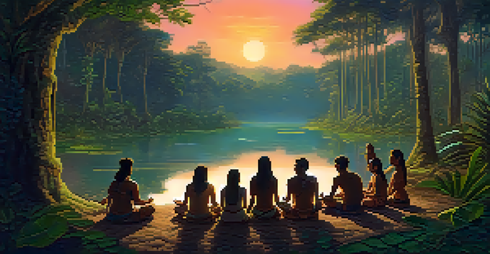 A peaceful Amazon rainforest at dusk with a group participating in an ayahuasca ceremony led by a shaman.
