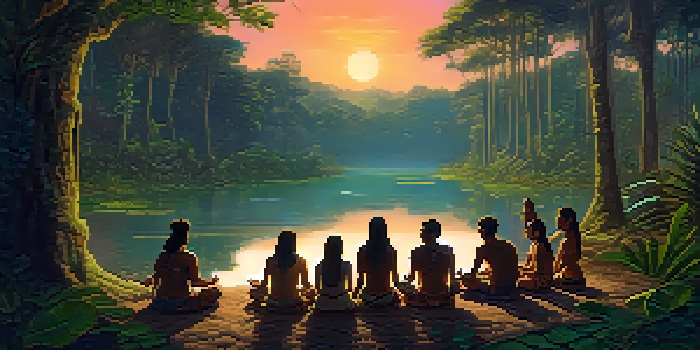 A peaceful Amazon rainforest at dusk with a group participating in an ayahuasca ceremony led by a shaman.