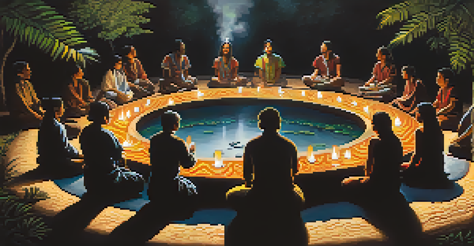 Participants in an Ayahuasca ceremony sitting in a circle, illuminated by candlelight, reflecting deeply in a natural setting.