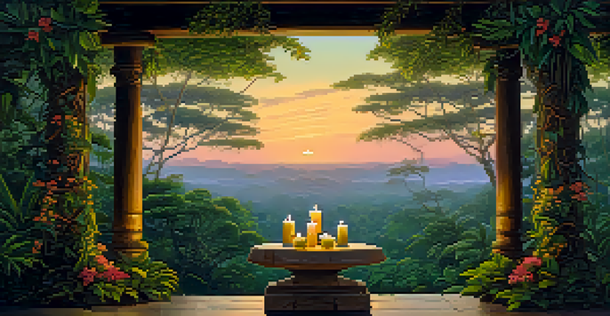 A peaceful scene in the Amazon rainforest during dusk, showcasing the Banisteriopsis caapi vine and a wooden altar with flowers and candles.