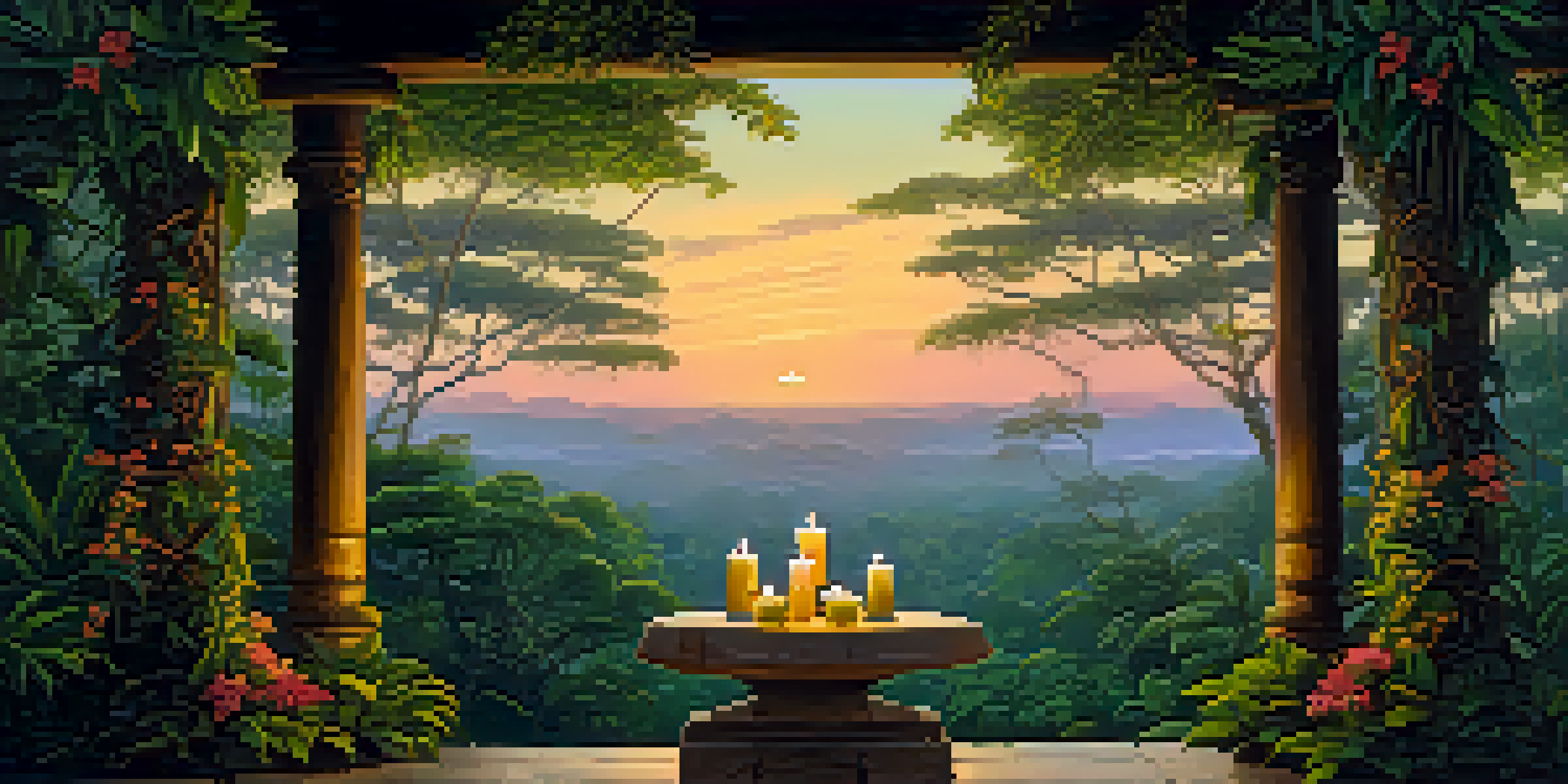 A peaceful scene in the Amazon rainforest during dusk, showcasing the Banisteriopsis caapi vine and a wooden altar with flowers and candles.