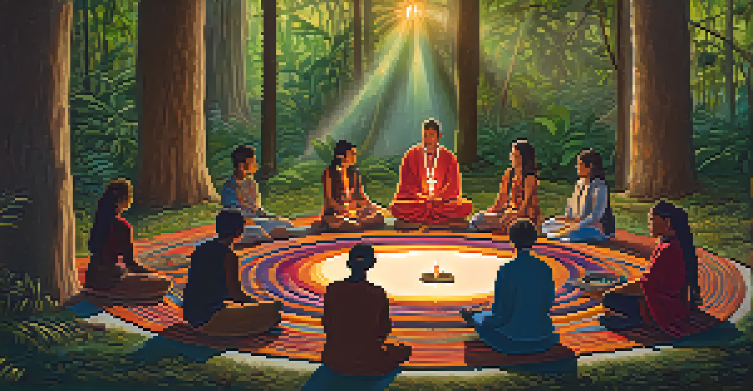 Participants seated in a circle during an ayahuasca ceremony, surrounded by candles and natural light filtering through trees.