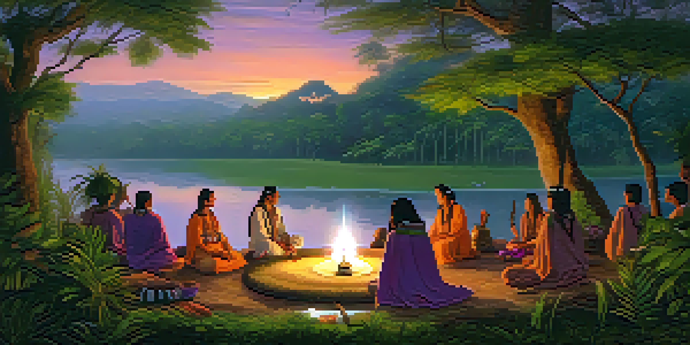 An Amazonian landscape at dusk featuring a shamanic ceremony with participants sitting in a circle surrounded by candles and flowers.