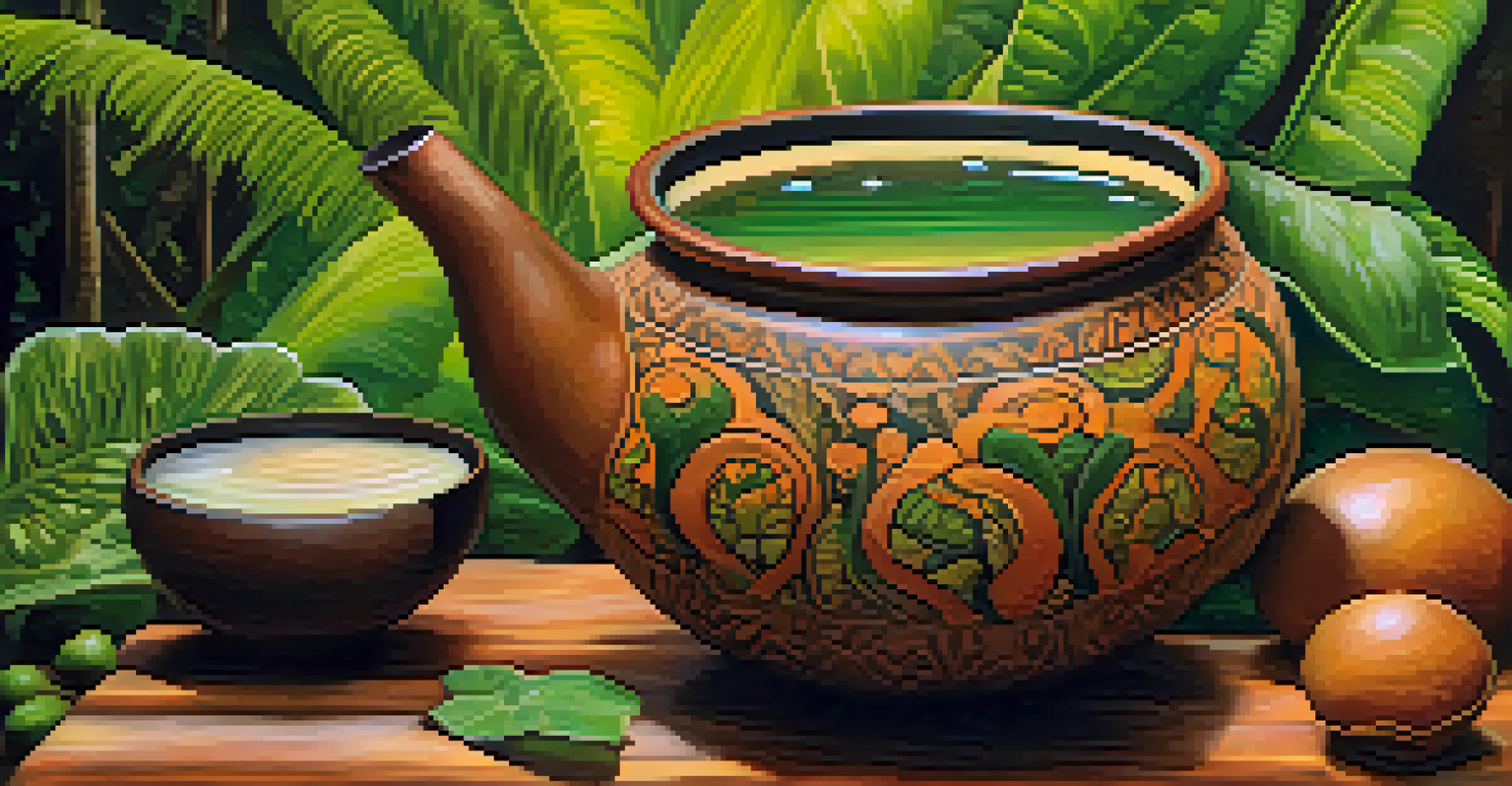 A close-up of Ayahuasca brew in a gourd against a blurred lush Amazonian background.