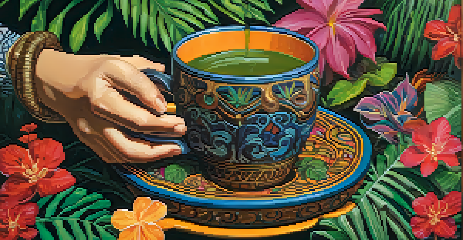 A close-up of a hand holding a ceramic cup of Ayahuasca brew against a backdrop of tropical leaves and flowers, showcasing its deep color.
