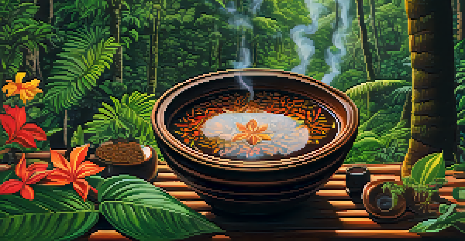 A traditional ayahuasca brew in a bowl surrounded by rainforest plants and flowers.