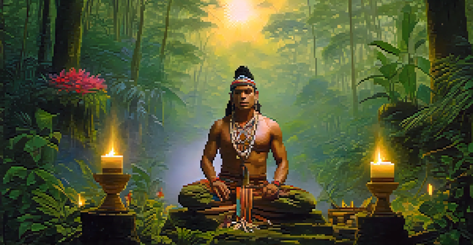 A shaman in traditional attire conducting a ritual in a serene Amazon rainforest during sunrise with lush greenery and mist.