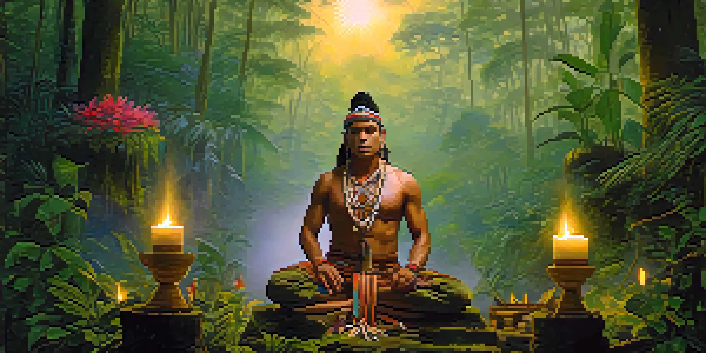 A shaman in traditional attire conducting a ritual in a serene Amazon rainforest during sunrise with lush greenery and mist.