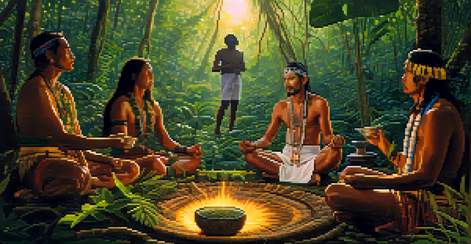A traditional Ayahuasca ceremony taking place in the Amazon rainforest, with a shaman and participants surrounded by lush greenery and soft sunlight.