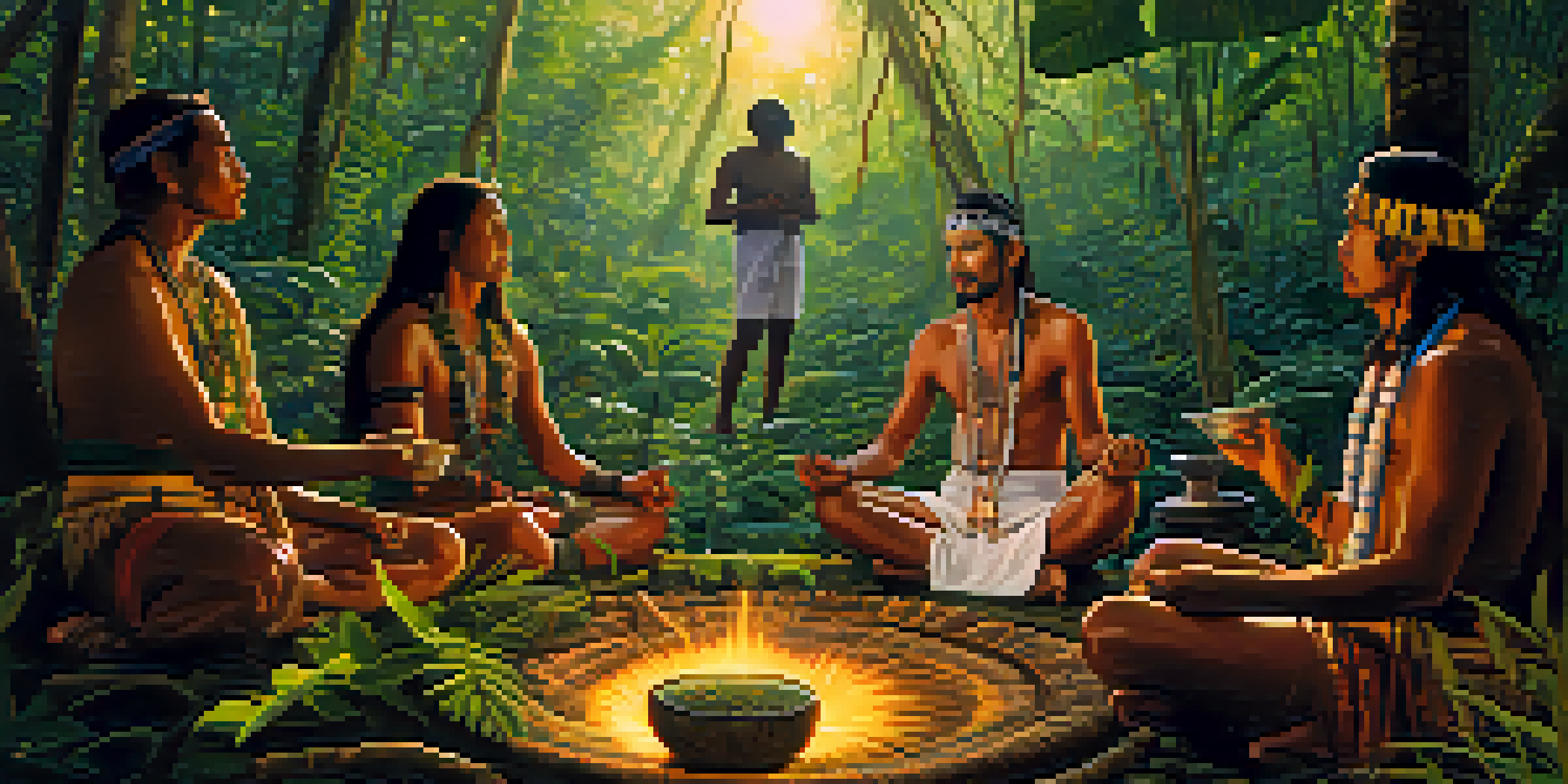 A traditional Ayahuasca ceremony taking place in the Amazon rainforest, with a shaman and participants surrounded by lush greenery and soft sunlight.