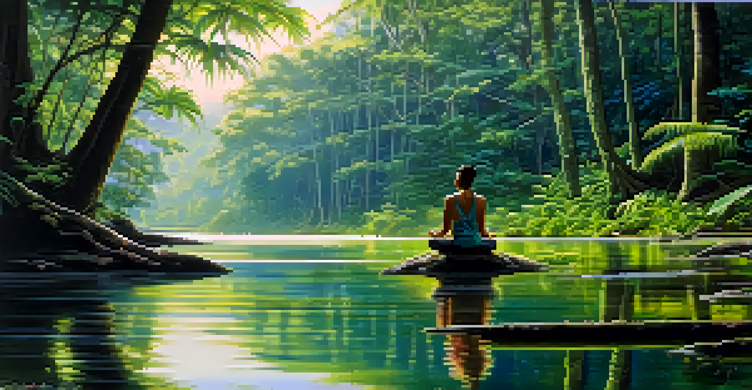 An individual meditating by a river in the Amazon rainforest, surrounded by lush greenery and soft sunlight.