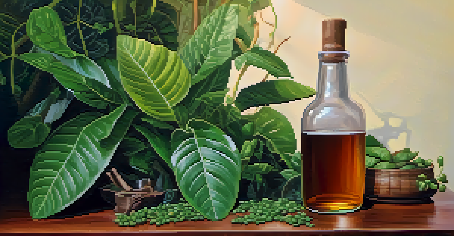 A bottle of Ayahuasca brew on a wooden table surrounded by fresh leaves, captured in warm, natural lighting.