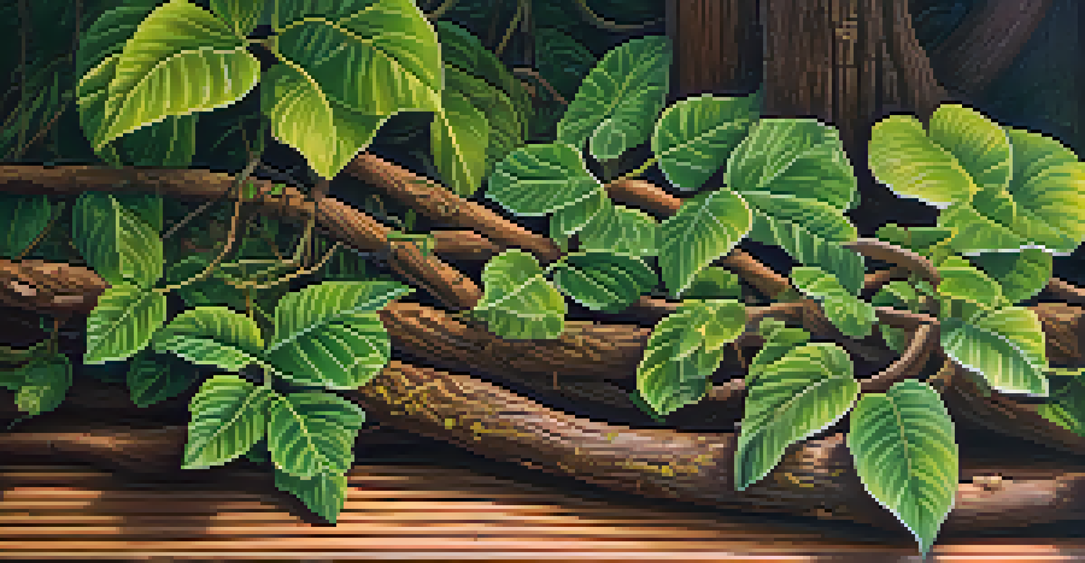 A close-up of ayahuasca vines and plants on a wooden table, showcasing their textures and colors.