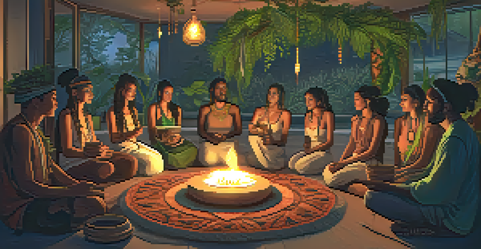 A modern urban Ayahuasca ceremony with participants in a cozy space and a shaman using a laptop.