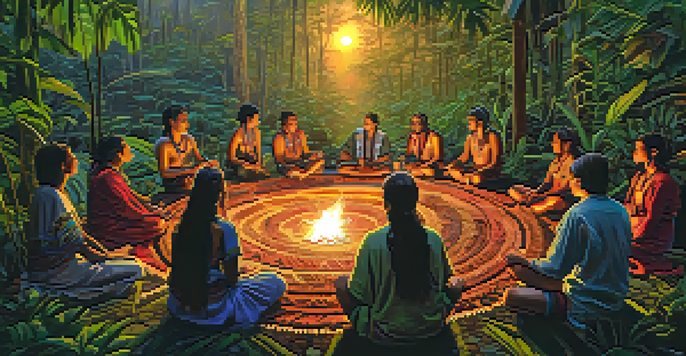 A tranquil scene of an Ayahuasca ceremony in the Amazon rainforest, with participants in traditional attire sitting around a fire during twilight.