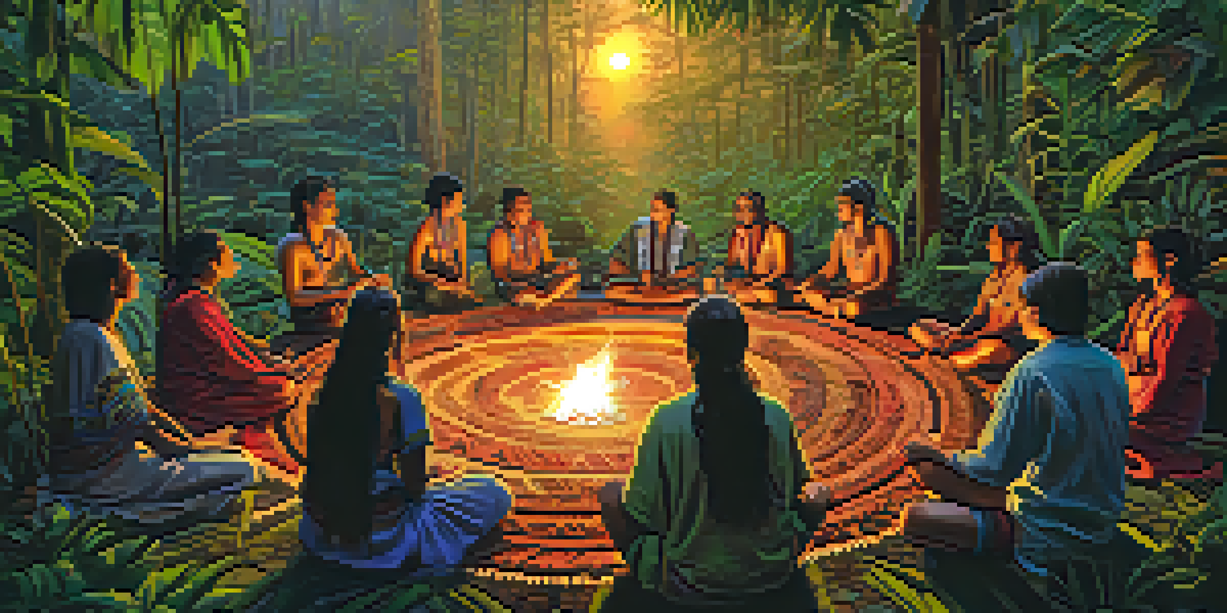 A tranquil scene of an Ayahuasca ceremony in the Amazon rainforest, with participants in traditional attire sitting around a fire during twilight.
