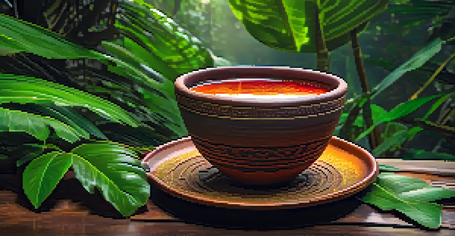 A close-up of Ayahuasca brew in a clay cup surrounded by tropical greenery.
