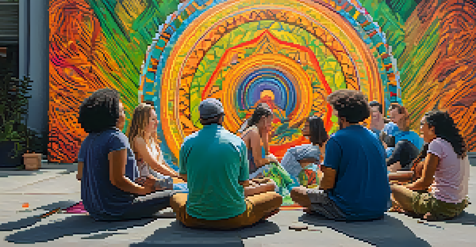 A diverse group of people sitting in a circle working together on a mural that reflects their shared ayahuasca experiences, filled with vibrant colors and abstract shapes.