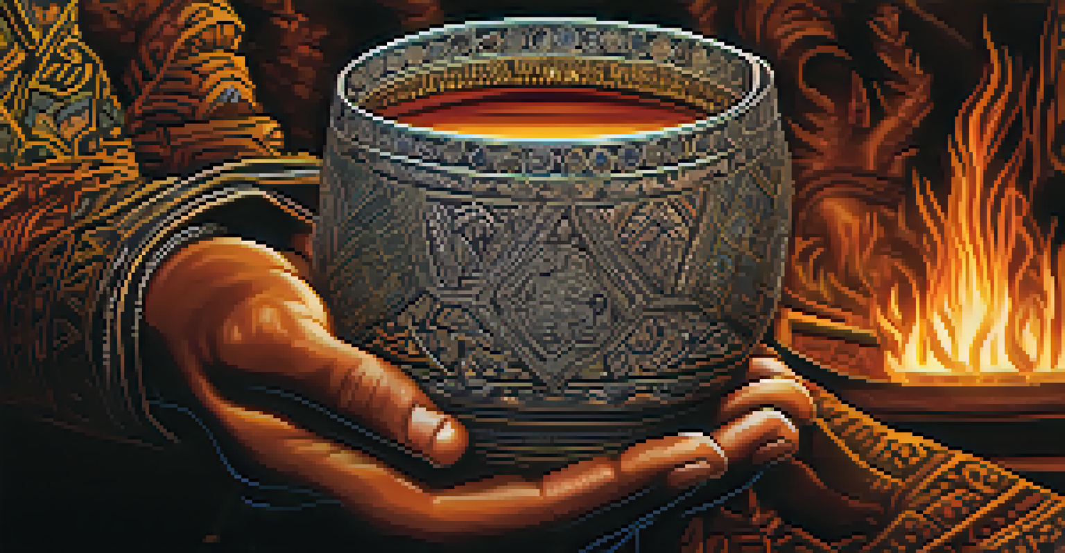 A close-up of a hand holding a traditional Ayahuasca cup, with blurred figures of participants around a fire in the background.