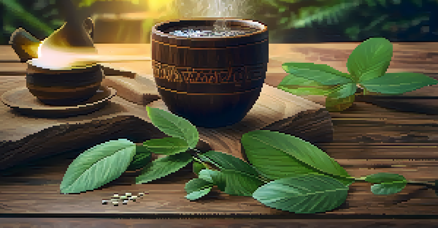Close-up of Ayahuasca brew in a wooden cup, with the Amazon rainforest blurred in the background.