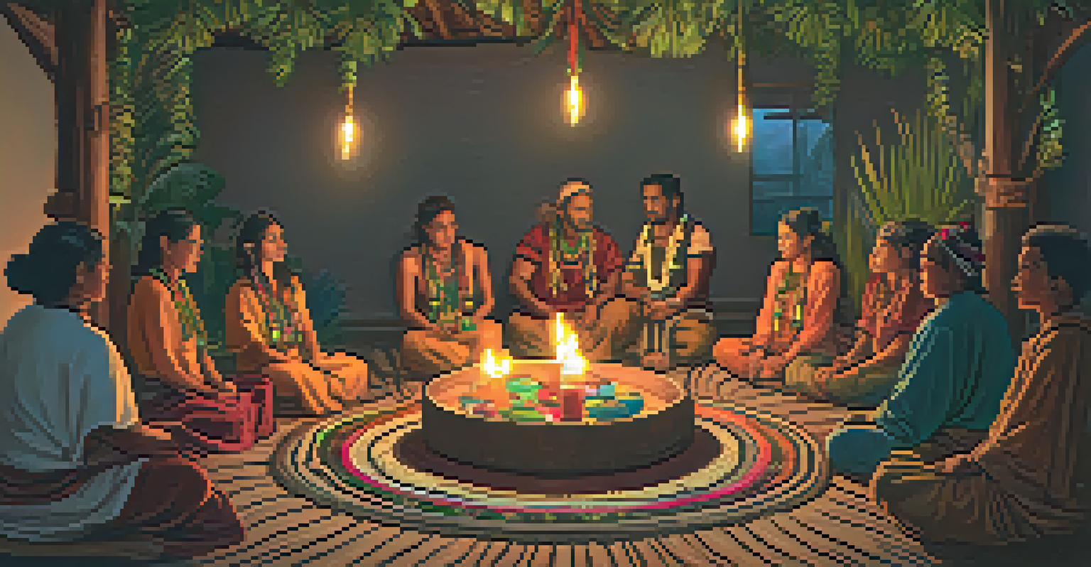 A group of people in a circle participating in an Ayahuasca ceremony led by a shaman, with candles and colorful textiles around them.