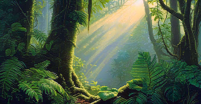 A peaceful scene of the Amazon rainforest at sunrise, featuring a vine and leaves in the foreground with golden light filtering through the trees.