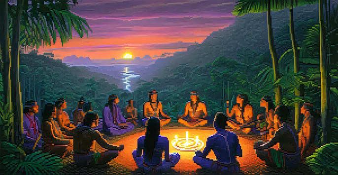 A traditional Ayahuasca ceremony in a lush Amazonian jungle at dusk, featuring a shaman and participants in a circle with glowing candles.