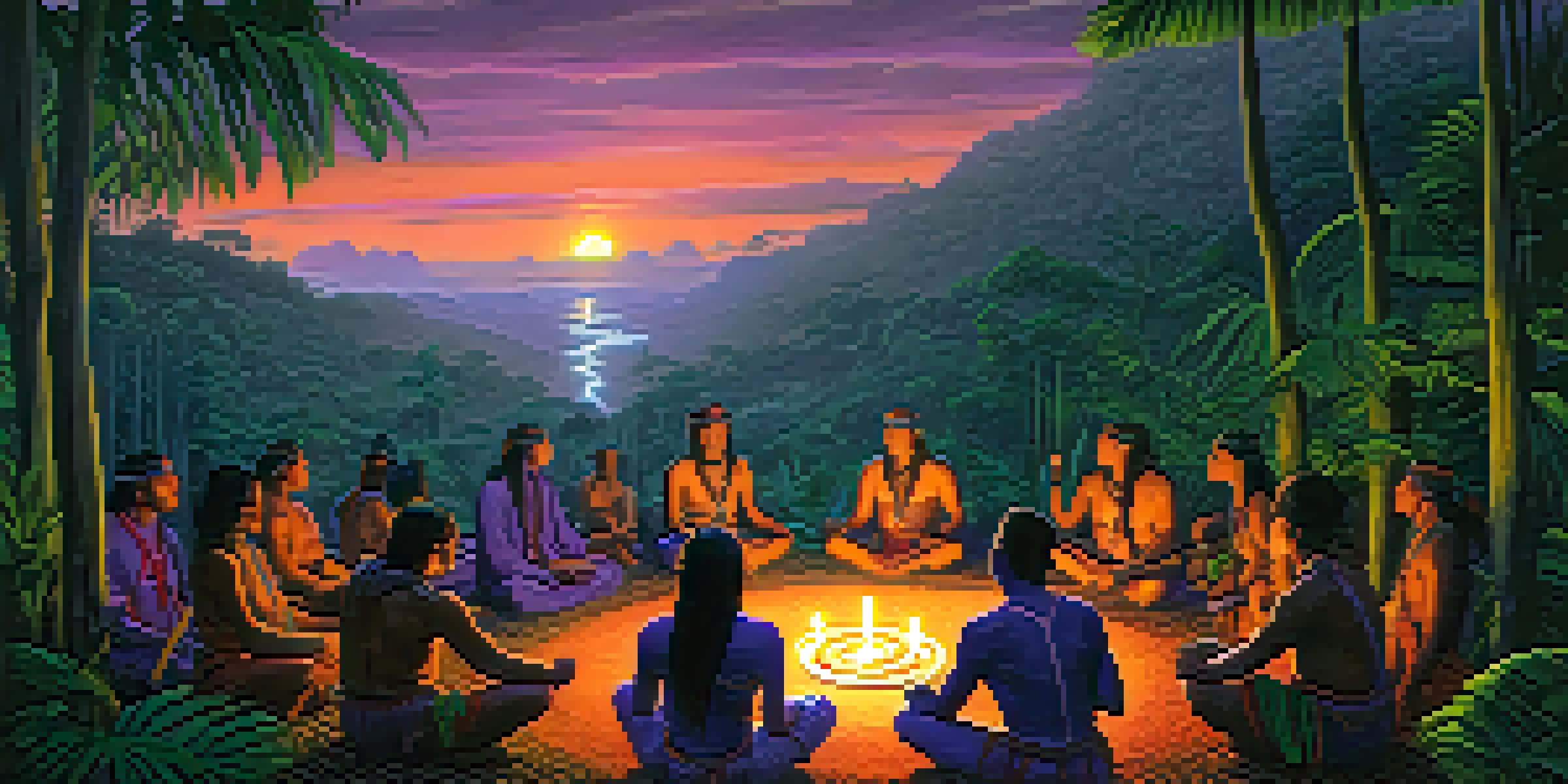 A traditional Ayahuasca ceremony in a lush Amazonian jungle at dusk, featuring a shaman and participants in a circle with glowing candles.