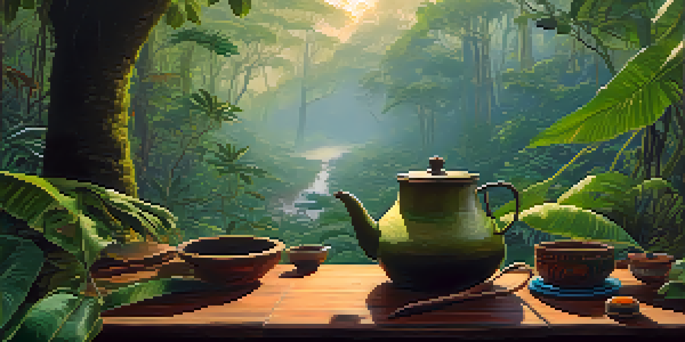 A peaceful Amazon rainforest at dawn with mist, featuring a traditional Ayahuasca brewing setup on a wooden table.