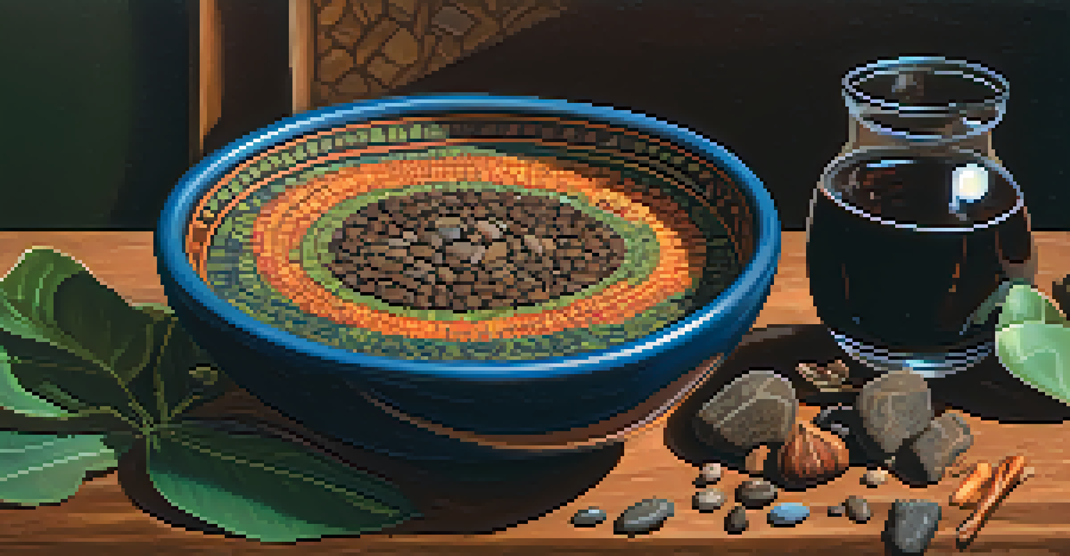 A close-up view of a bowl of Ayahuasca, surrounded by natural elements like leaves and flowers.