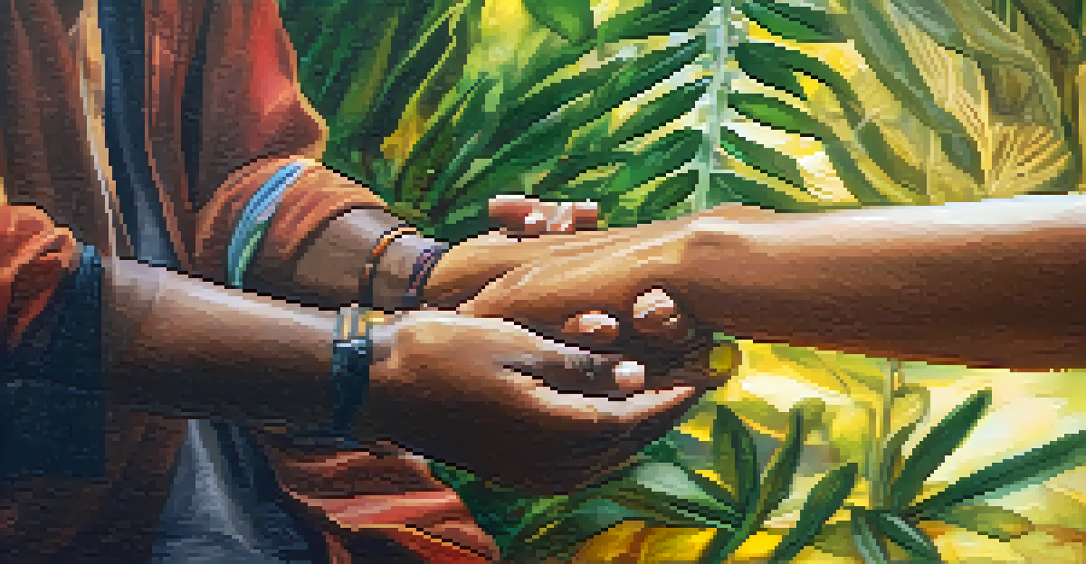 A close-up of a facilitator's hands guiding a participant during an Ayahuasca session, showing emotional connection.