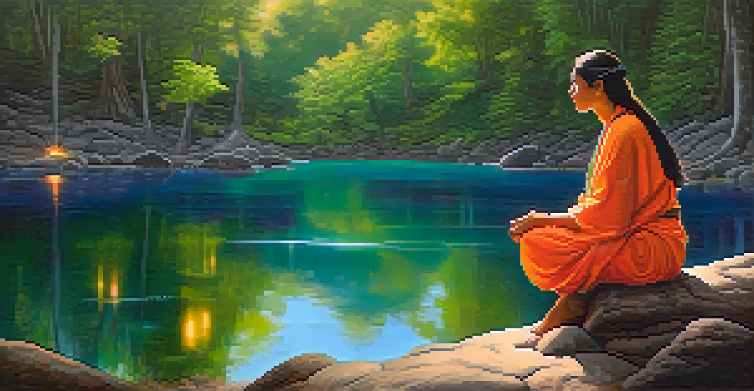 A person sitting on a rock by a calm water body, reflecting after an Ayahuasca ceremony, surrounded by lush greenery and flowers.