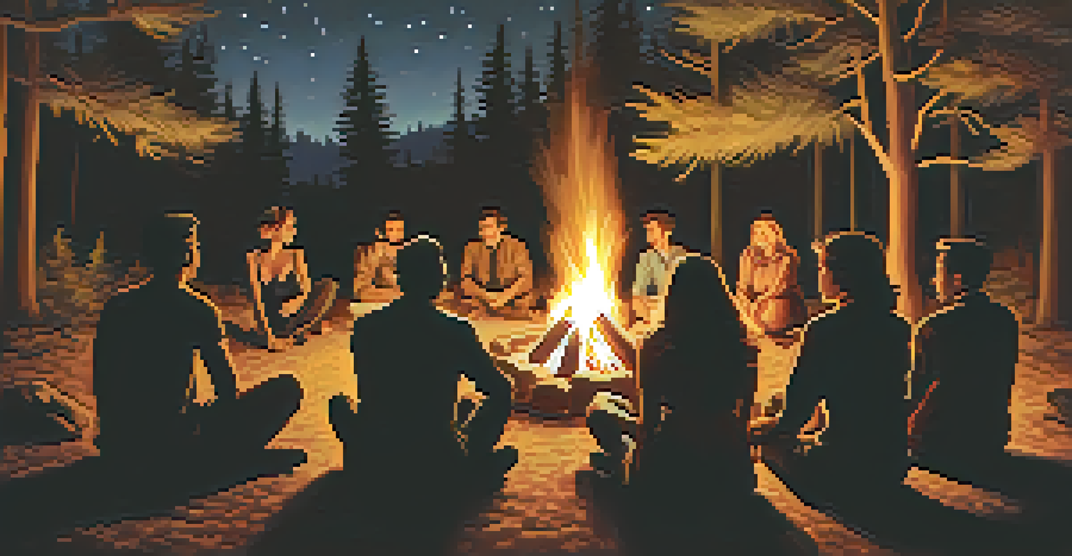 Participants sharing experiences by a campfire after an Ayahuasca ceremony, with a starry night sky in the background.