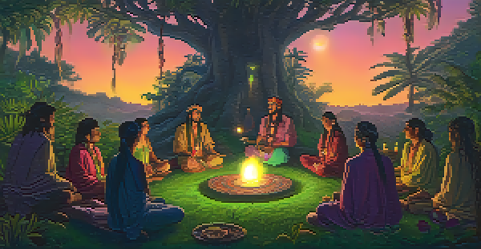 A tranquil jungle scene featuring a traditional Ayahuasca ceremony, with participants sitting in a circle and a shaman in the center holding a bowl.